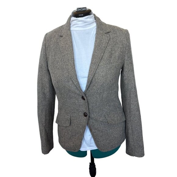 L.O.G.G.H&M Blazer Women 10 Herringbone Wool Blend Braided Leather Buttons - Picture 1 of 16